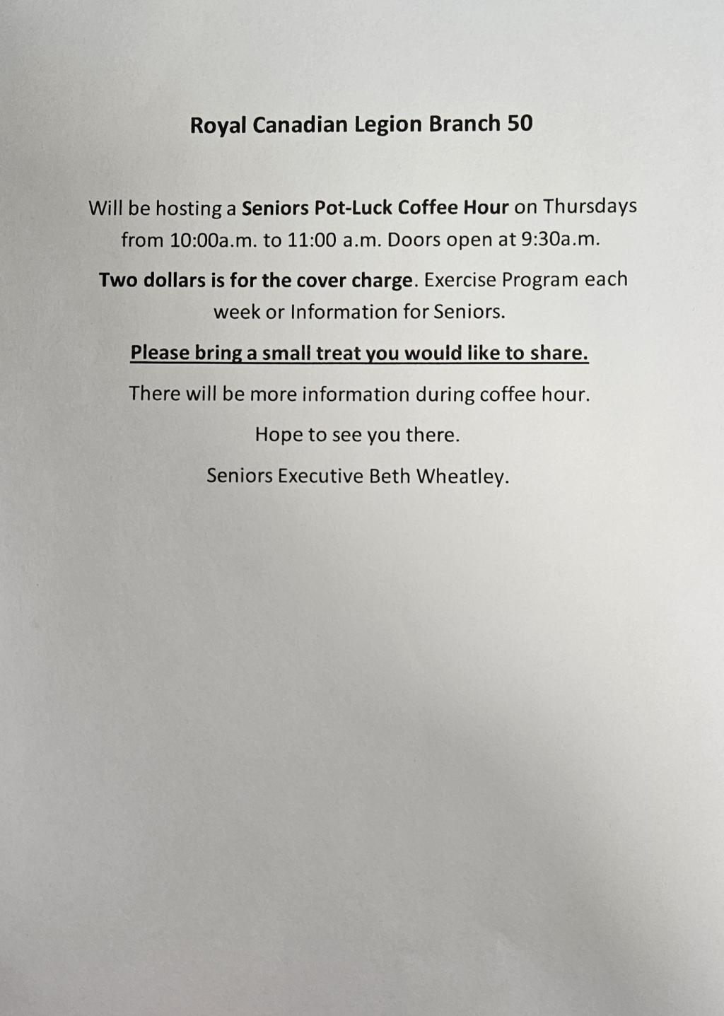 Seniors Pot-Luck Coffee Hour